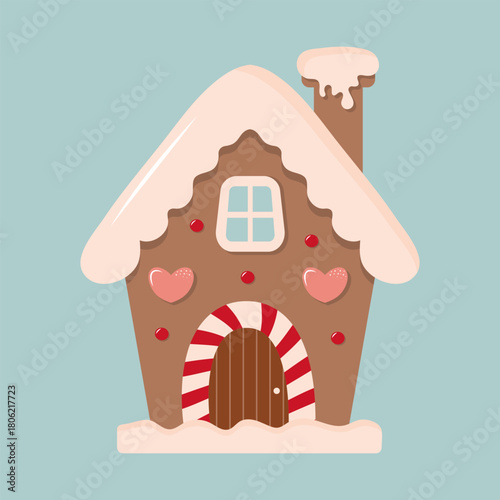 A cute vector illustration of a traditional gingerbread house with thick white frosting, red and white candy details, and hearts. Perfect for Christmas, holiday, and sweet treat designs