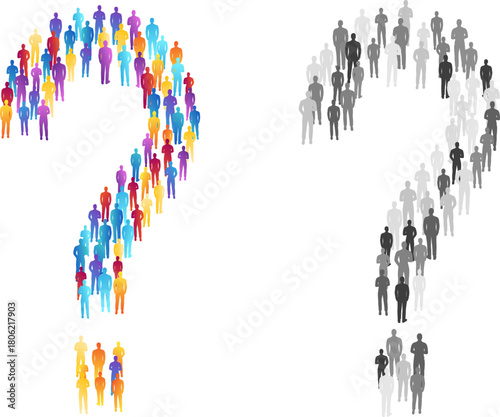 Crowd of people in question shape. Concept of festival, demonstration, party or public protest. Vector decoration element from colorful isolated people silhouettes.