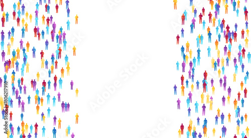 Crowd of people. Concept of festival, demonstration, party or public protest. Vector vertical borders from colorful isolated people silhouettes.
