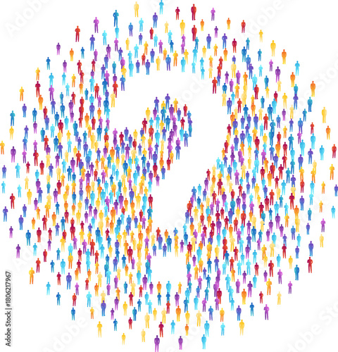 Crowd of people in question shape. Concept of festival, demonstration, party or public protest. Vector decoration element from colorful isolated people silhouettes.