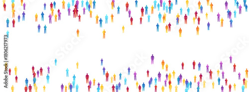 People crowd. Concept of festival, demonstration, party or public protest. Vector horizontal border from colorful isolated people silhouettes.
