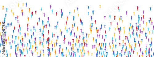 People crowd. Concept of festival, demonstration, party or public protest. Vector horizontal border from colorful isolated people silhouettes.