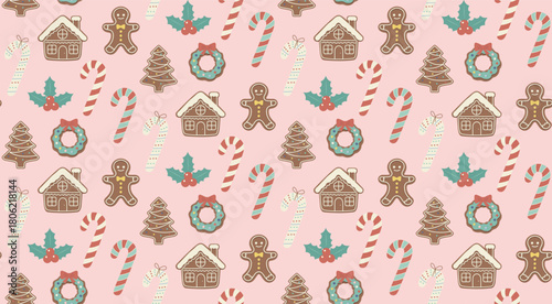 A cute vector seamless Christmas pattern with gingerbread houses, cookies, and candy canes on a pastel pink background. Perfect for holiday fabric and wrapping paper