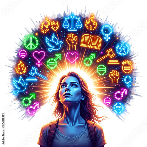 Woman looks up at neon equality and justice symbols radiating with bright light on transparent background