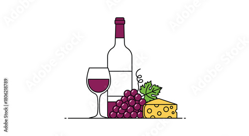 A delightful still life illustration featuring a bottle and glass of red wine, accompanied by a ripe bunch of grapes, a green leaf, and a wedge of yellow cheese.