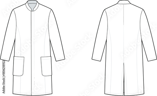 Medical lab coat technical fashion flat sketch, long sleeve doctor uniform, stand collar, patch pockets, front and back, cad drawing flat vector