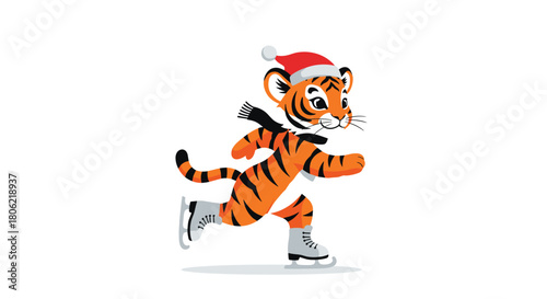 A cute cartoon tiger cub, wearing a red Santa hat and a black scarf, joyfully ice skates across a white background, symbolizing winter holidays and the new year.