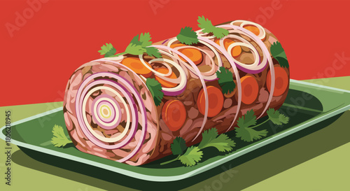 A stylized illustration of a gourmet meat terrine or roulade, artfully garnished with red onion rings, bright carrot slices, and fresh green herbs, presented on a green serving plate.
