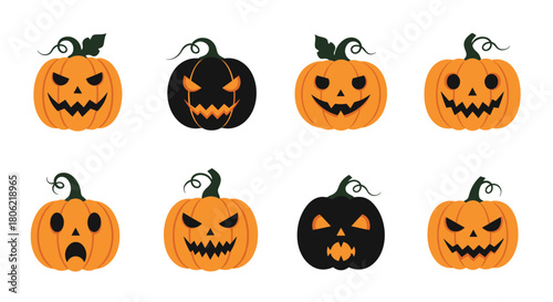 An assortment of Halloween pumpkins featuring various carved faces, including scary, happy, and surprised expressions, in bright orange and eerie black colors.