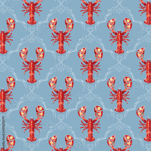 The elegant lobster - This pattern features the deep, rich colors of a sunset-red lobster set against ethereal flowers, symbolizing the wild yet contrast of marine and land.