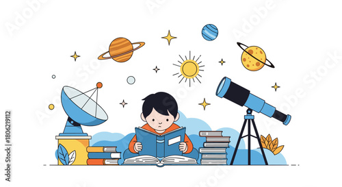 A curious young boy reads an open book, surrounded by planets, stars, a telescope, and a satellite dish, representing a child's deep interest in space, science, and cosmic exploration.