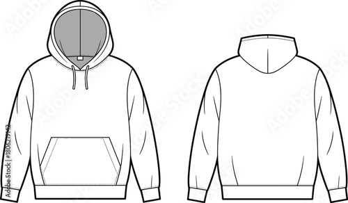 Pullover hoodie technical fashion flat sketch, long sleeve hooded sweatshirt, kangaroo pocket, front and back view, cad drawing flat vector
