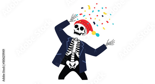 A cheerful skeleton in a festive beanie and stylish jacket throws its hands up in joy amidst a shower of colorful confetti, embodying the spirit of celebration and fun.