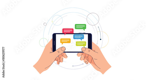 Hands hold a smartphone horizontally, displaying an array of colorful chat message bubbles, illustrating modern digital communication and social networking.