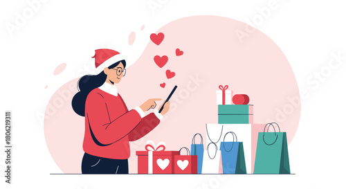 A young woman in a Santa hat joyfully engages in online holiday shopping on her tablet, surrounded by gift boxes and shopping bags, with hearts indicating appreciation.