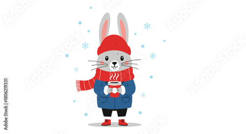An adorable cartoon gray rabbit wears a red winter hat and scarf, and a blue coat, holding a steaming red cup of hot beverage amidst falling snowflakes.