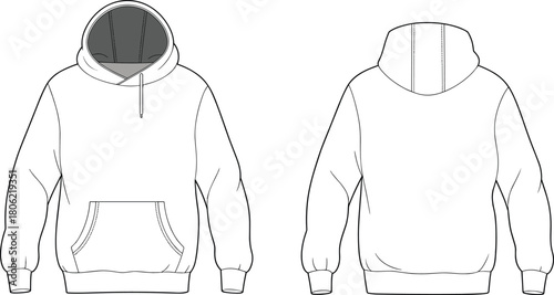 Pullover hoodie technical fashion flat sketch, crossover neck sweatshirt, kangaroo pocket, front and back view, cad drawing flat vector