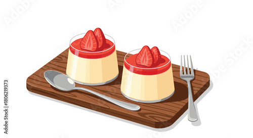 Two delicious strawberry panna cotta desserts, topped with fresh fruit slices, elegantly presented on a rustic wooden serving board with a spoon and fork, ready to be enjoyed.