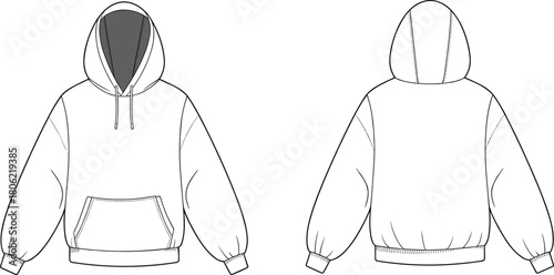 Oversized pullover hoodie technical fashion flat sketch, drop shoulder sweatshirt with kangaroo pocket, front and back, cad drawing flat vector