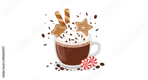 A delicious and festive hot chocolate or coffee drink, elegantly topped with whipped cream, gingerbread cookies, wafer rolls, and peppermint candies, ideal for cozy winter holidays.
