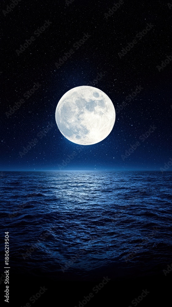 Fototapeta premium A bright full moon illuminates the dark ocean waves under a star-filled night sky.