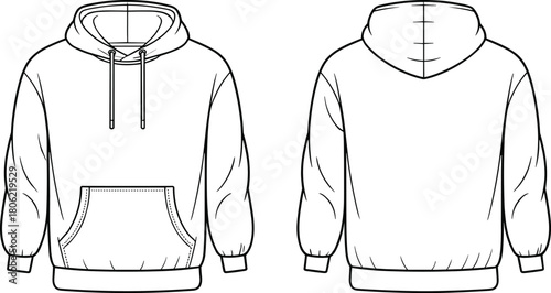 Pullover hoodie technical fashion flat sketch, long sleeve sweatshirt with drawstring, kangaroo pocket, front and back, cad drawing flat vector