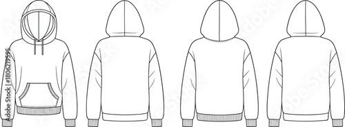 Set of oversized pullover hoodies technical fashion flat sketch, drop shoulder sweatshirt, front and back, cad drawing flat vector