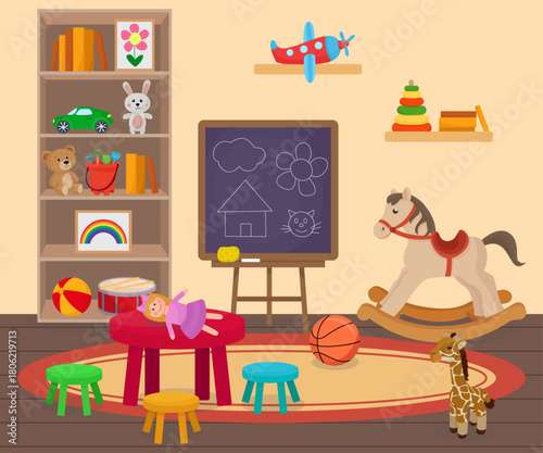 Kindergarten or kid room with many toys educational activitues rocking horse ball car plane doll table