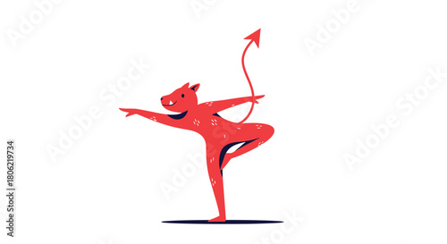A cheerful, red cartoon devil with an arrow-tipped tail demonstrates perfect balance in a tree yoga pose on a dark mat, blending mischief with wellness.