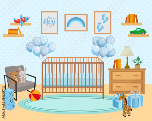 New born cute room It's a boy toys blue balloons presents baby bed bassinet