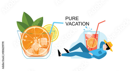 A vibrant illustration of two refreshing summer drinks with citrus slices and ice, accompanied by a person relaxing, embodying the perfect 'PURE VACATION' experience.