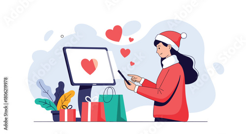 A woman in a Santa hat happily engages in online holiday shopping, sending hearts and receiving gifts, reflecting a joyful festive season.