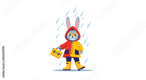 A charming cartoon rabbit in a vibrant yellow and red raincoat and matching boots, wearing glasses, confidently walks with a briefcase through a light rain shower.