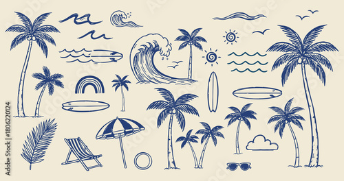 A summer-themed hand-drawn doodle collection featuring palm trees, ocean waves, surfboards, suns, beach umbrellas, chairs, clouds, sunglasses, and tropical elements. Perfect for vacation designs, beac