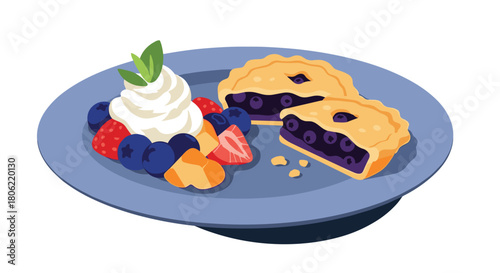 A delectable plate featuring a fresh fruit medley with whipped cream and two inviting slices of classic blueberry pie, perfect for a sweet treat.