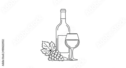 A clean black and white line art illustration depicting a classic wine bottle, a filled glass, and a fresh bunch of grapes with a leaf, symbolizing viticulture and the enjoyment of fine wine.