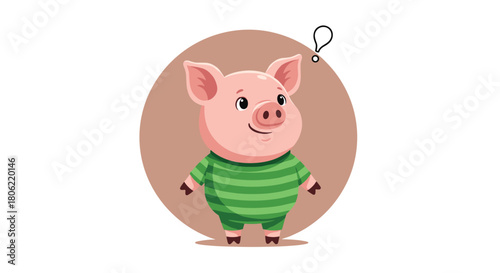 A cute cartoon pig in a green striped outfit stands thoughtfully with an idea bubble above its head, perfect for illustrating curiosity, learning, or problem-solving concepts.