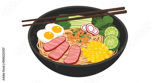 A colorful illustration of a delicious bowl of ramen noodles topped with fried eggs, meat, fresh vegetables, corn, and lime, served with chopsticks.