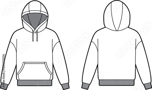 Oversized pullover hoodie technical fashion flat sketch, drop shoulder sweatshirt with kangaroo pocket, front and back view, cad drawing flat vector