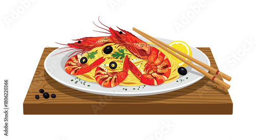 A plate of delicious gourmet shrimp pasta served with fresh black olives, parsley, and a lemon wedge, accompanied by chopsticks on a rustic wooden board.
