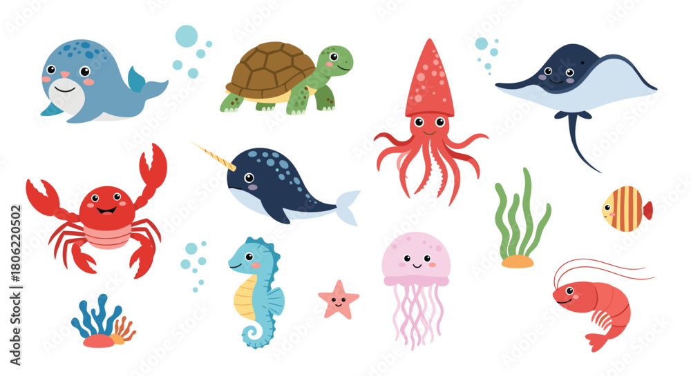 Naklejka premium A vibrant collection of cute, smiling cartoon sea animals and marine life elements, perfect for children's designs and underwater themes.