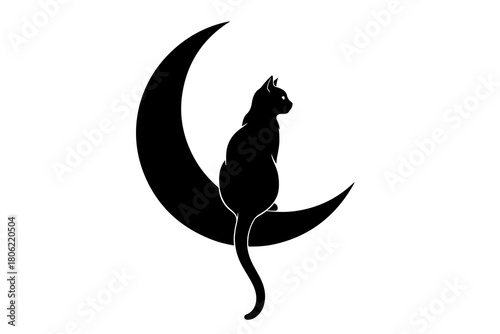Silhouette of a black cat sitting on a crescent moon against a white background