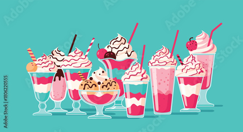 A delightful illustration of various sweet, refreshing desserts like ice cream sundaes, milkshakes, and parfaits, topped with whipped cream and colorful garnishes, on a teal background.