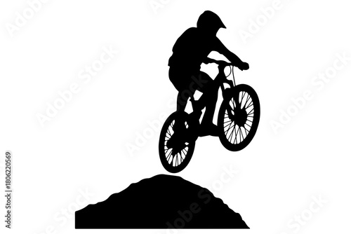 Silhouette of a mountain biker performing a jump over a dirt mound against a white background