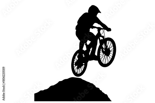 Silhouette of a mountain biker performing a jump over a dirt mound against a white background
