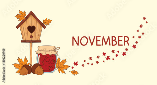 A charming autumn illustration featuring a wooden birdhouse, fall leaves, acorns, a jar of preserves, and the month 'November' in a warm, cozy seasonal design.