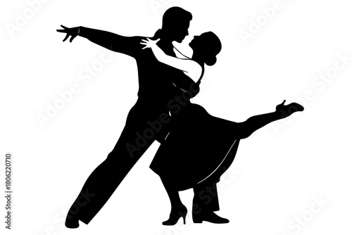 Elegant silhouette of a couple dancing together in a passionate embrace against a white background