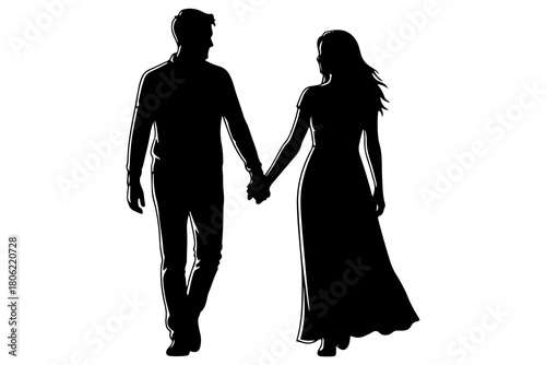 Silhouette of a loving couple holding hands and walking together against a white background symbolizing unity and companionship
