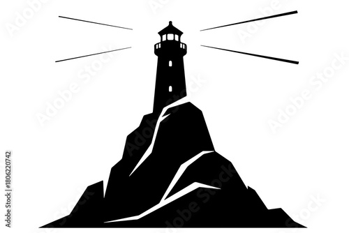 Silhouette of a tall lighthouse standing on a rocky cliff with beams of light shining outwards against a white background