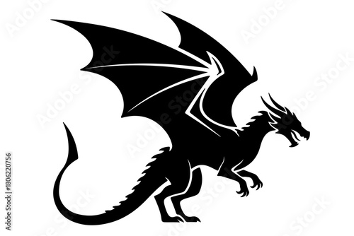 Powerful black silhouette of a mythical dragon with large wings spread wide and sharp claws extended in a dynamic pose against a white background